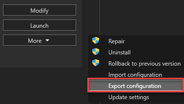 Exportación de configuración desde la tarjeta del producto en el instalador de Visual Studio