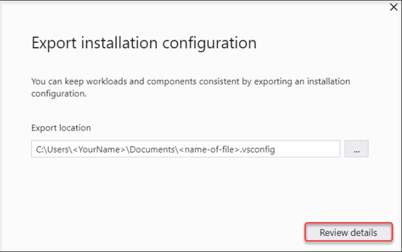 Exportación de configuración desde el instalador de Visual Studio