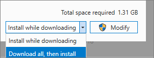 Captura de pantalla que muestra las opciones de descarga e instalación en el Instalador de Visual Studio.