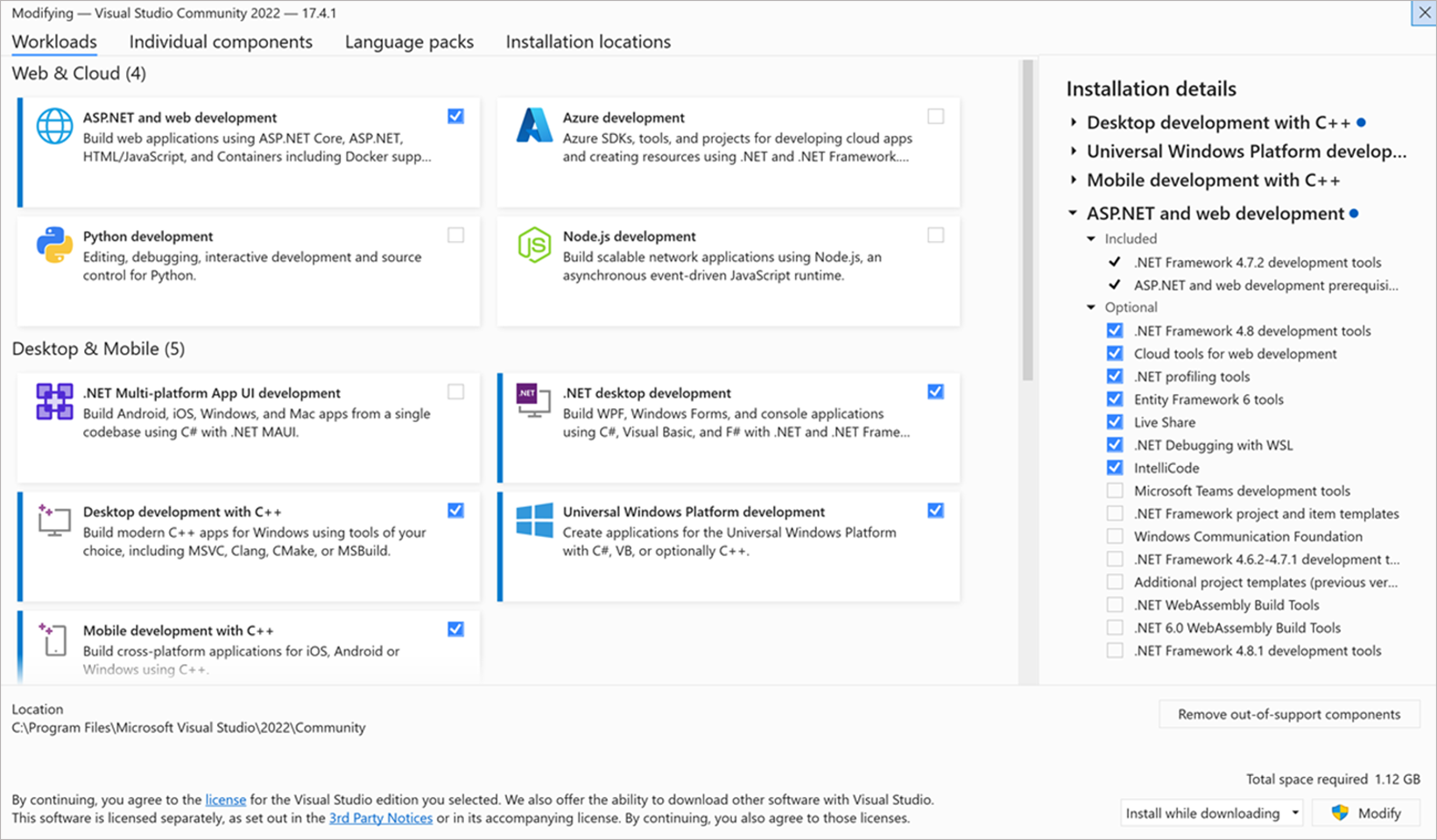 Modificación de cargas de trabajo, componentes y paquetes de idioma de  Visual Studio | Microsoft Learn
