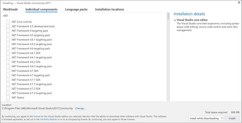 Install Visual Studio individual components Screenshot showing the Individual components tab of the Visual Studio Installer.