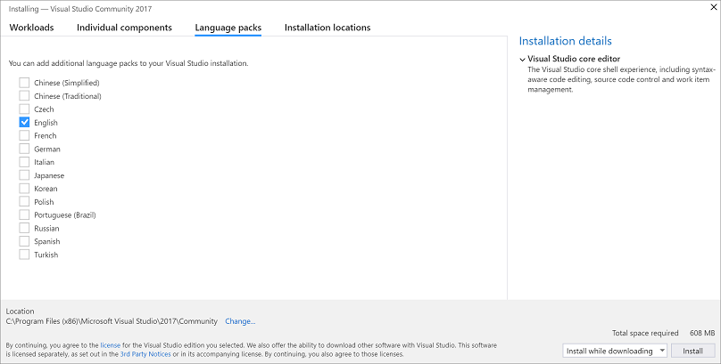 Install Visual Studio language packs Screenshot showing the Language packs tab of the Visual Studio Installer.