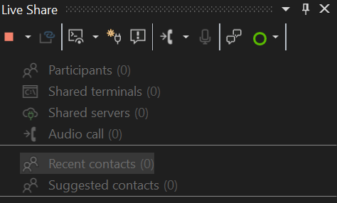 Screenshot que muestra la ventana de herramientas Live Share en Visual Studio.