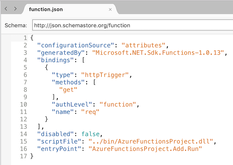 function.json file open in visual studio for mac