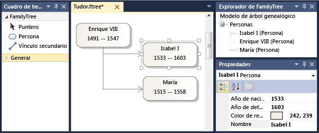 Family tree diagram, toolbox, and explorer