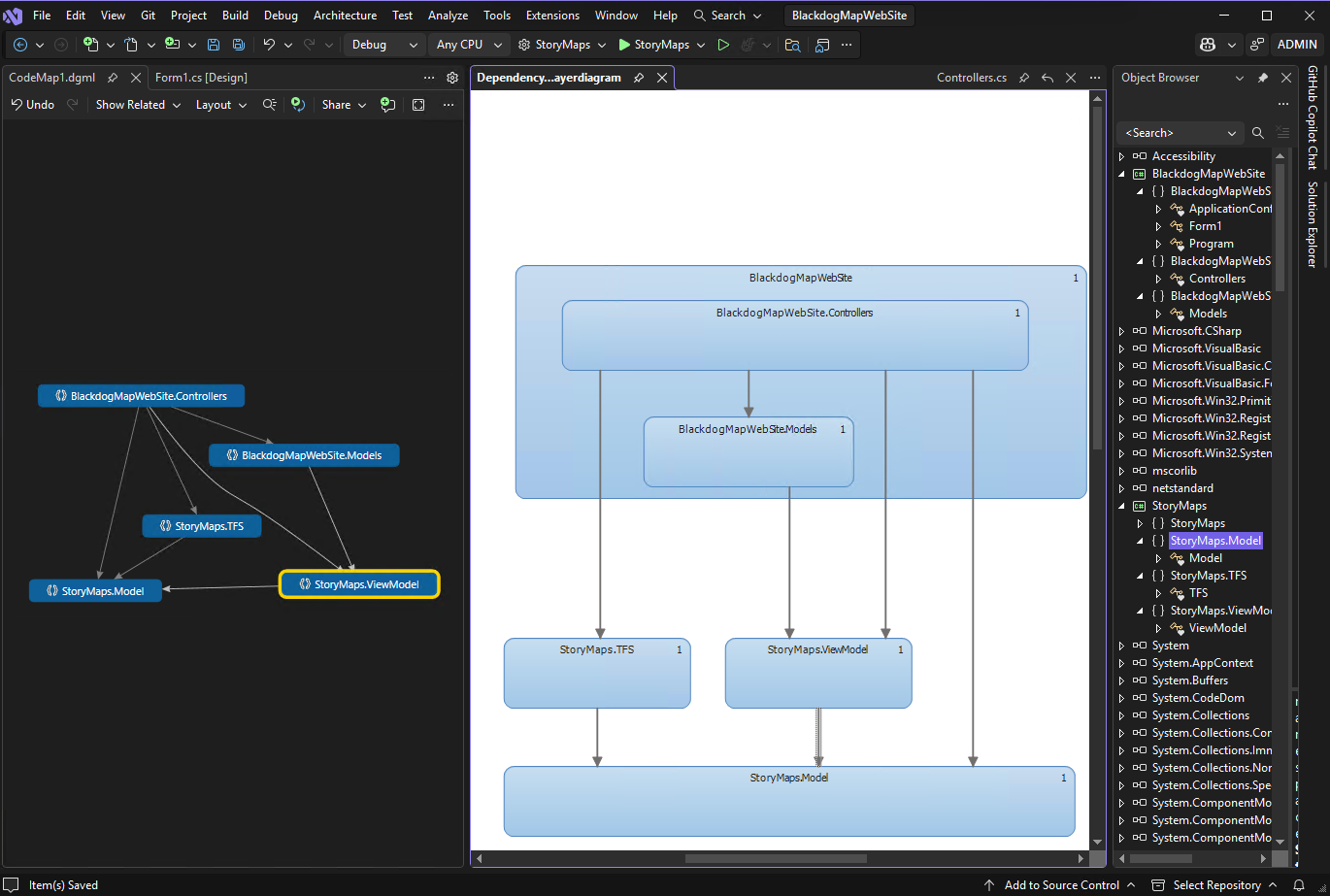 Captura de pantalla que muestra un diagrama de dependencias generado a partir de un mapa de código.