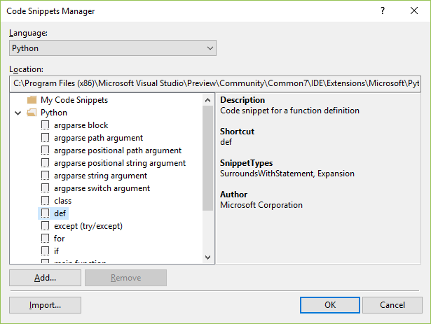 Captura de pantalla que muestra el Administrador de fragmentos de código en Visual Studio.