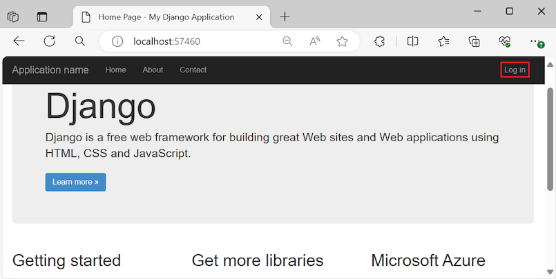 Captura de pantalla que muestra la opción Iniciar sesión en la barra de navegación de la aplicación web de Django en ejecución.