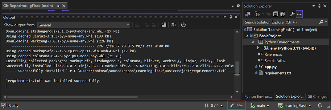Captura de pantalla que muestra cómo ver los cambios no confirmados para la creación del entorno virtual en la ventana Cambios de Git.