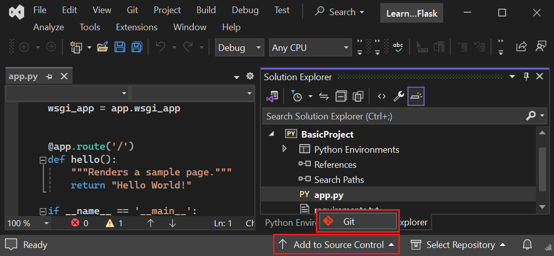 Captura de pantalla que muestra cómo crear un repositorio de Git en Visual Studio 2022.