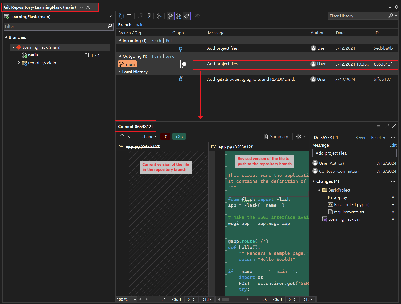Captura de pantalla que muestra la ventana del repositorio de Git en Visual Studio.