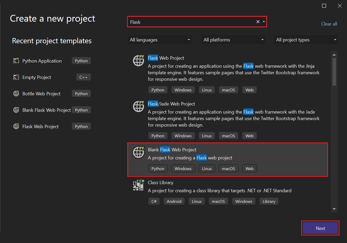Captura de pantalla que muestra cómo seleccionar la plantilla Proyecto Web Flask en Blanco en Visual Studio 2022.