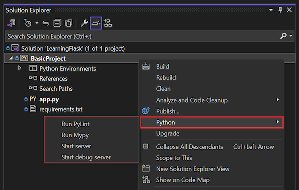 Captura de pantalla que muestra los comandos de Python para el proyecto seleccionado en el Explorador de soluciones en Visual Studio 2022.