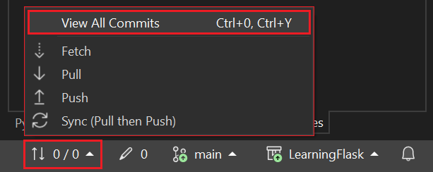 Captura de pantalla que muestra cómo abrir la ventana del repositorio de Git desde la barra de controles de Git con el comando Ver todas las confirmaciones.