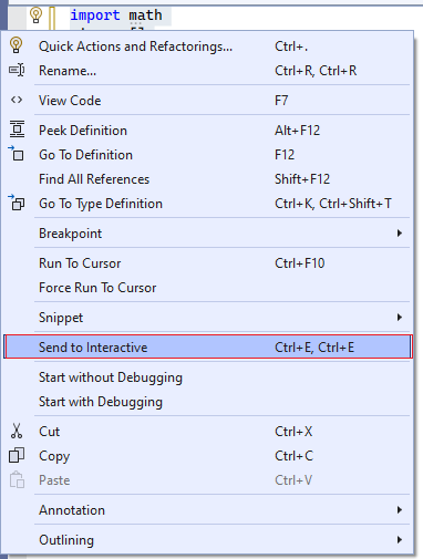 Captura de pantalla que muestra cómo usar la opción de menú Enviar a la ventana Interactiva de Python en Visual Studio.