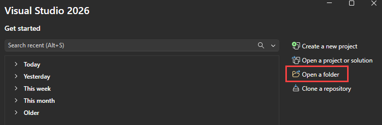 Screenshot que muestra cómo seleccionar la opción Abrir una carpeta local al iniciar.Visual Studio 