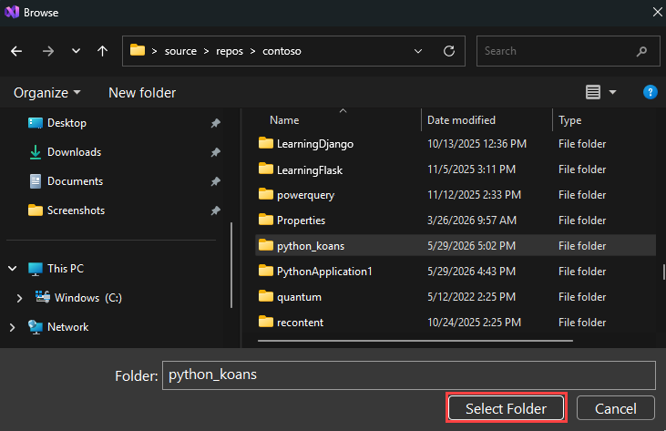 Screenshot que muestra cómo seleccionar la carpeta local en Visual Studio.