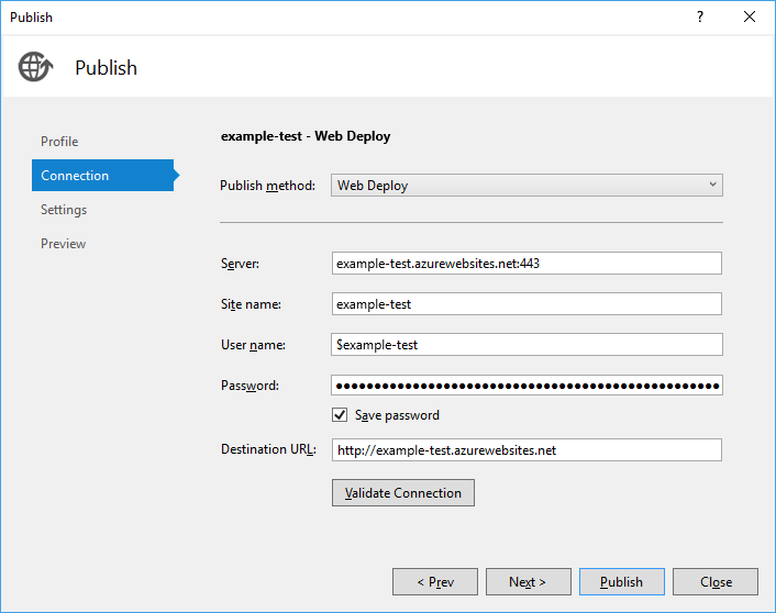 Captura de pantalla donde se ve cómo publicar en Azure en Visual Studio y ver la conexión de App Service.