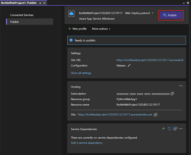 Captura de pantalla que muestra cómo publicar la aplicación web desde Visual Studio.