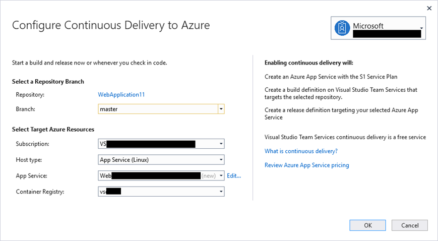 Cuadro de diálogo de configuración de Entrega Continua a Azure para App Service en Linux