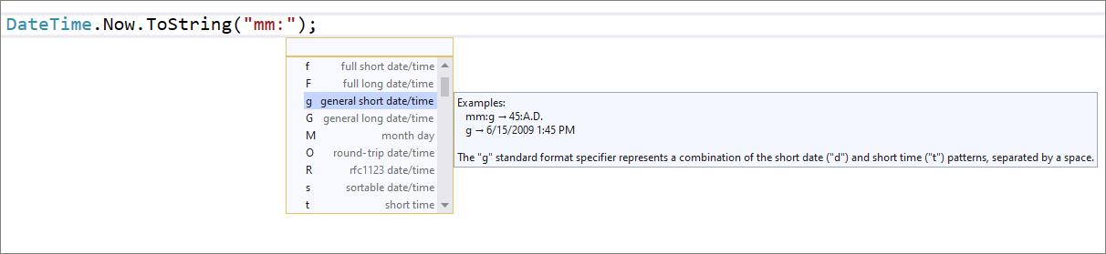 Finalización de IntelliSense en los literales de cadena DateTime y TimeSpan