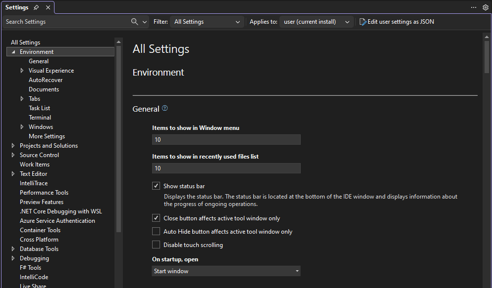 Imagen que muestra la nueva interfaz de usuario de configuración para Visual Studio