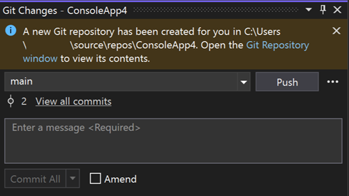 ventana de cambios de Git después de crear un nuevo repositorio con la rama principal