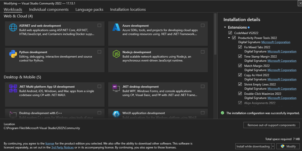 Instalación de extensiones mediante el Instalador de Visual Studio