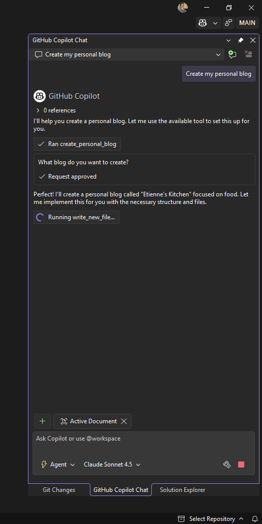 Ventana de chat con opciones de respuesta de muestreo de MCP