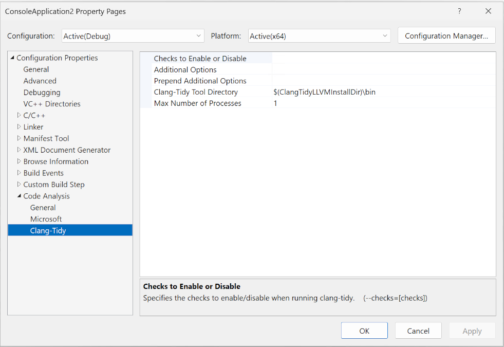 Captura de pantalla del cuadro de diálogo Propiedades del proyecto que muestra las opciones de configuración de clang-tidy, incluidos la asignación de procesadores y los argumentos de línea de comandos personalizados