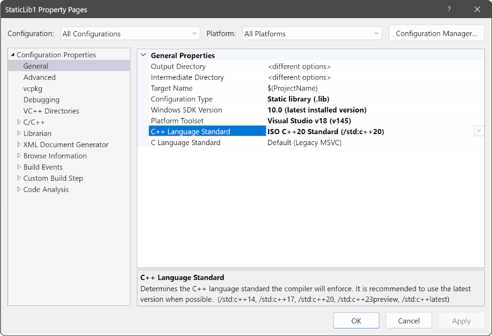 Captura de pantalla del cuadro de diálogo de propiedades del proyecto que muestra C++20 seleccionado como estándar predeterminado del lenguaje C++