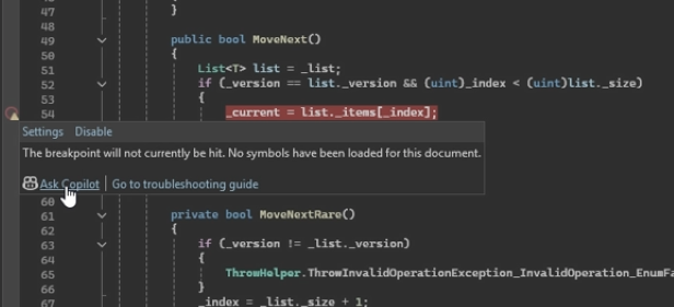 Captura de pantalla que muestra el botón Preguntar a Copilot para un punto de interrupción no vinculado en el margen del editor