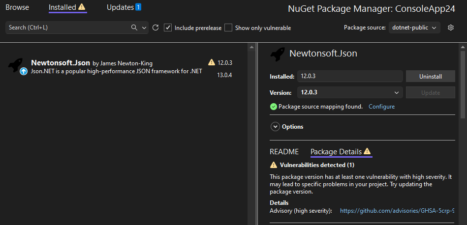 NuGet Administrador de paquetes que muestra una vulnerabilidad detectada desde un origen de auditoría configurado