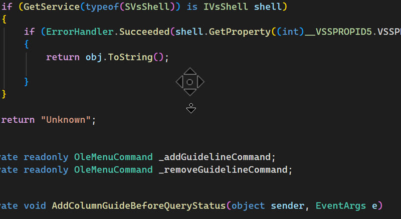 Un cursor con cuatro flechas direccionales indica que el desplazamiento con clic central está activo en el editor de código.