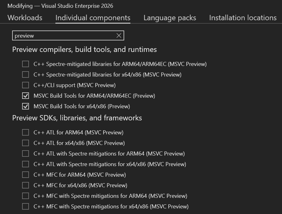 MSVC v14.51 en Componentes individuales