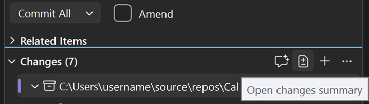 Botón para abrir el resumen de cambios en la barra de herramientas de Cambios de Git