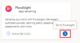Captura de pantalla que muestra el icono de la ventaja de Pluralsight en la suscripción de Visual Studio después de la activación.