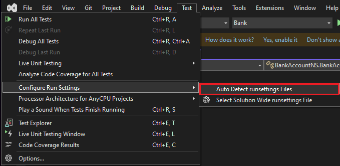 Menú Detectar archivos runsettings automáticamente en Visual&nbsp;Studio