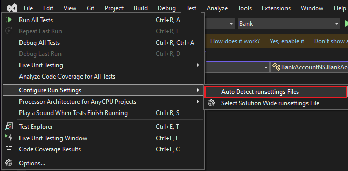 Menú Detectar archivos runsettings automáticamente en Visual Studio