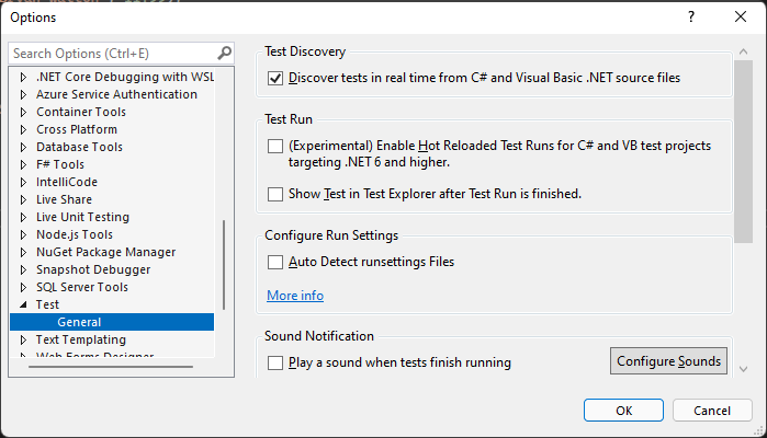 Opción Detectar archivos runsettings automáticamente en Visual Studio