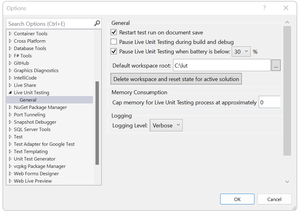 Captura de pantalla que muestra las opciones de configuración de Live Unit Testing.
