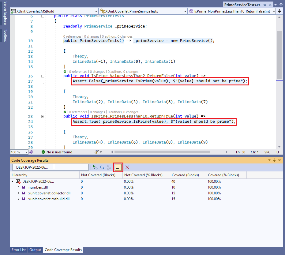 Captura de pantalla que muestra cobertura de código resaltada.