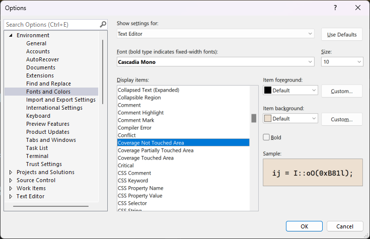 Captura de pantalla que muestra fuentes y colores de cobertura de código