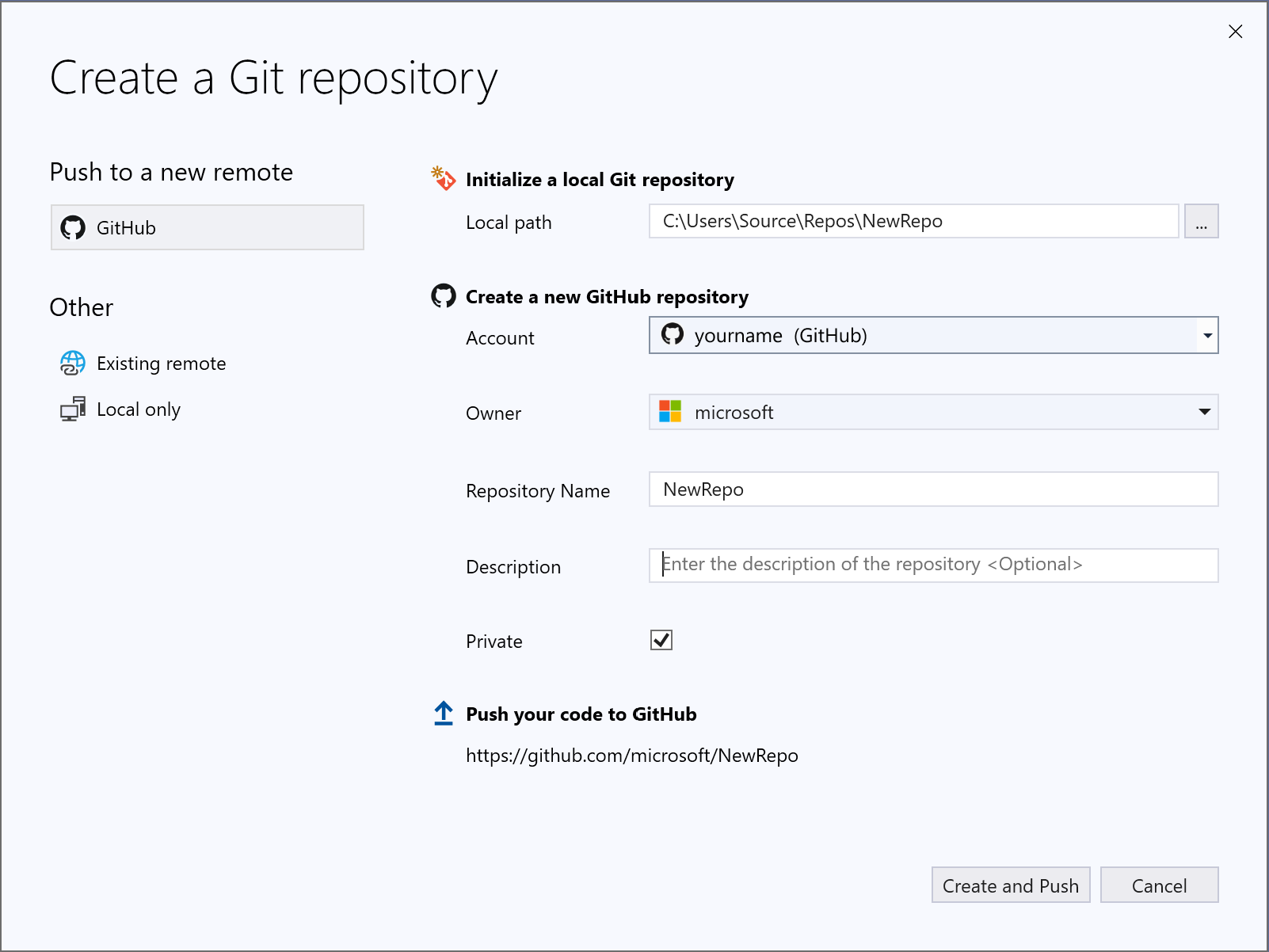 Cuadro de diálogo Crear un repositorio GIT en Visual Studio.