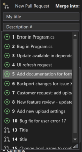 Nueva solicitud de incorporación de cambios con # en el cuadro de descripción y una lista de los problemas relacionados de GitHub y las solicitudes de incorporación de cambios que se muestran en Visual Studio 2022.