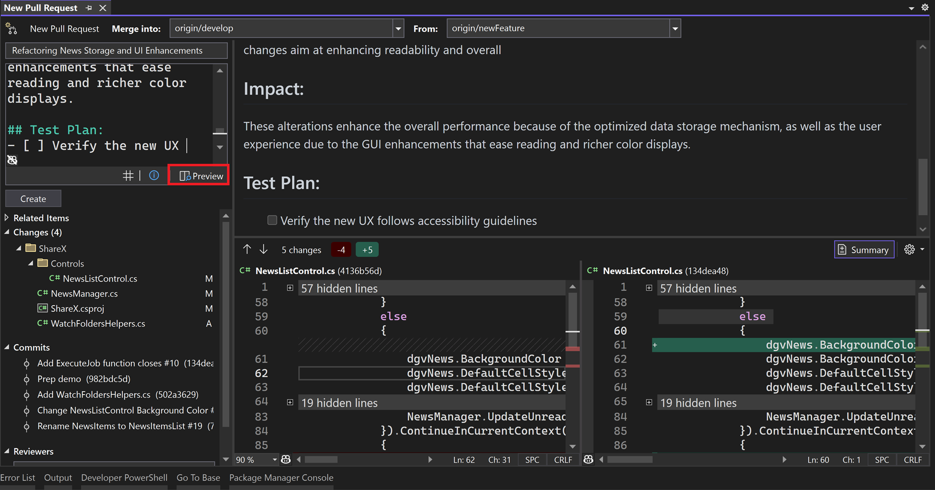 La ventana Nueva solicitud de incorporación de cambios con el texto del botón vista previa resaltado en Visual Studio 2022.