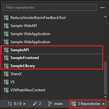 Captura de pantalla que muestra cómo puede activar varios repositorios desde una carpeta en Visual Studio.