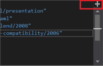 Captura de pantalla que muestra el panel central del editor de código XAML en Visual Studio 2019 con el botón Dividir resaltado en la parte superior derecha del panel.