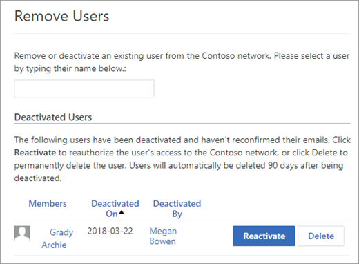 Captura de pantalla de la lista de usuarios desactivados.