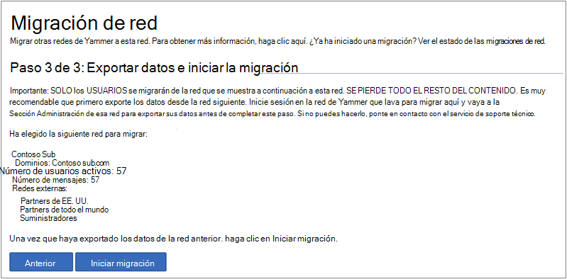 Captura de pantalla del paso 3 de 3 - Exportar datos & Inicie la migración.